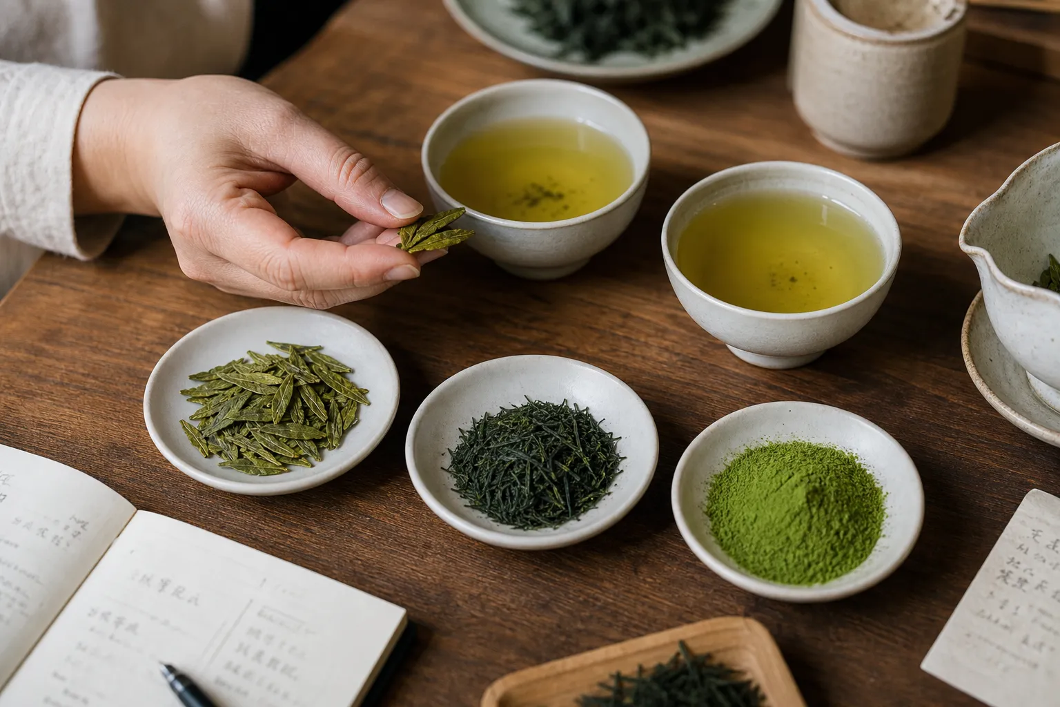Loose green tea samples and brewed cups being compared for color, leaf shape, and clarity
