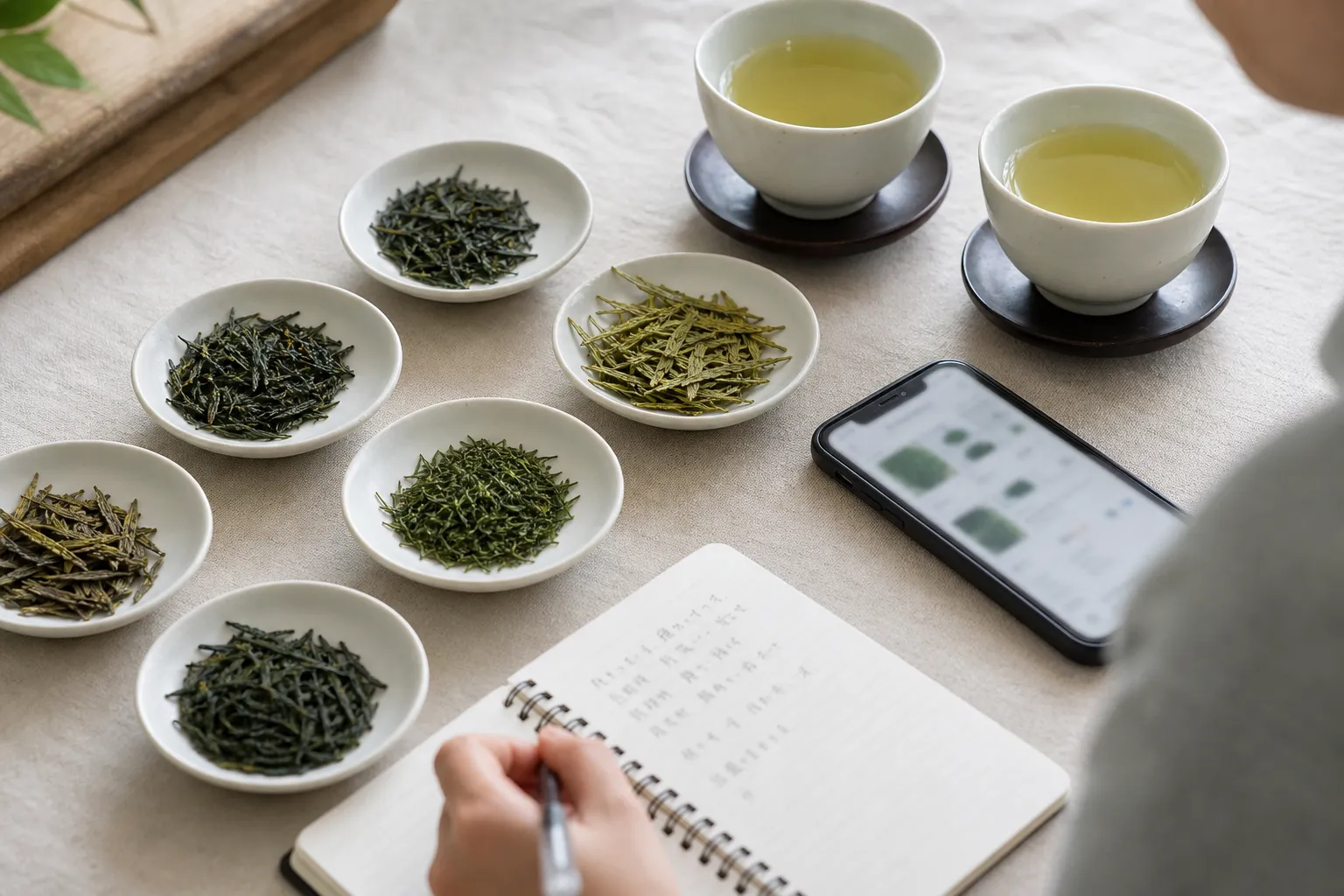 Loose-leaf green tea samples beside a phone and tasting cups, suggesting a careful buying comparison