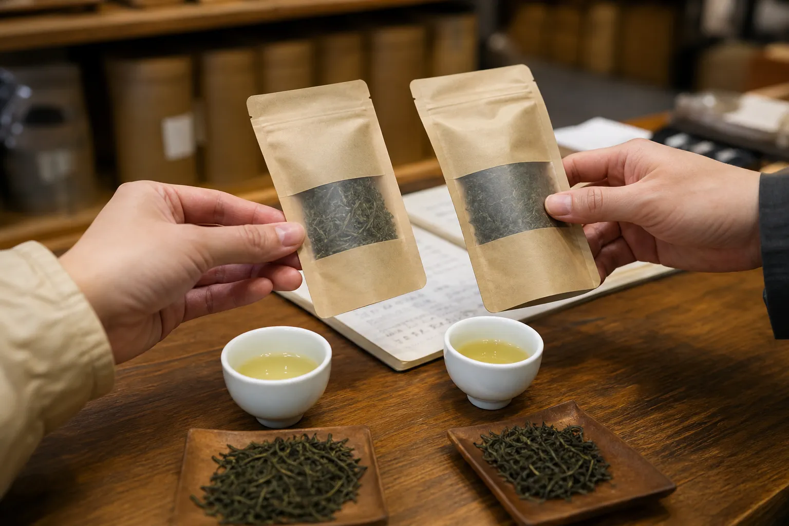 Loose-leaf green tea packets and tasting cups arranged for a careful buying comparison without visible prices or brand claims.