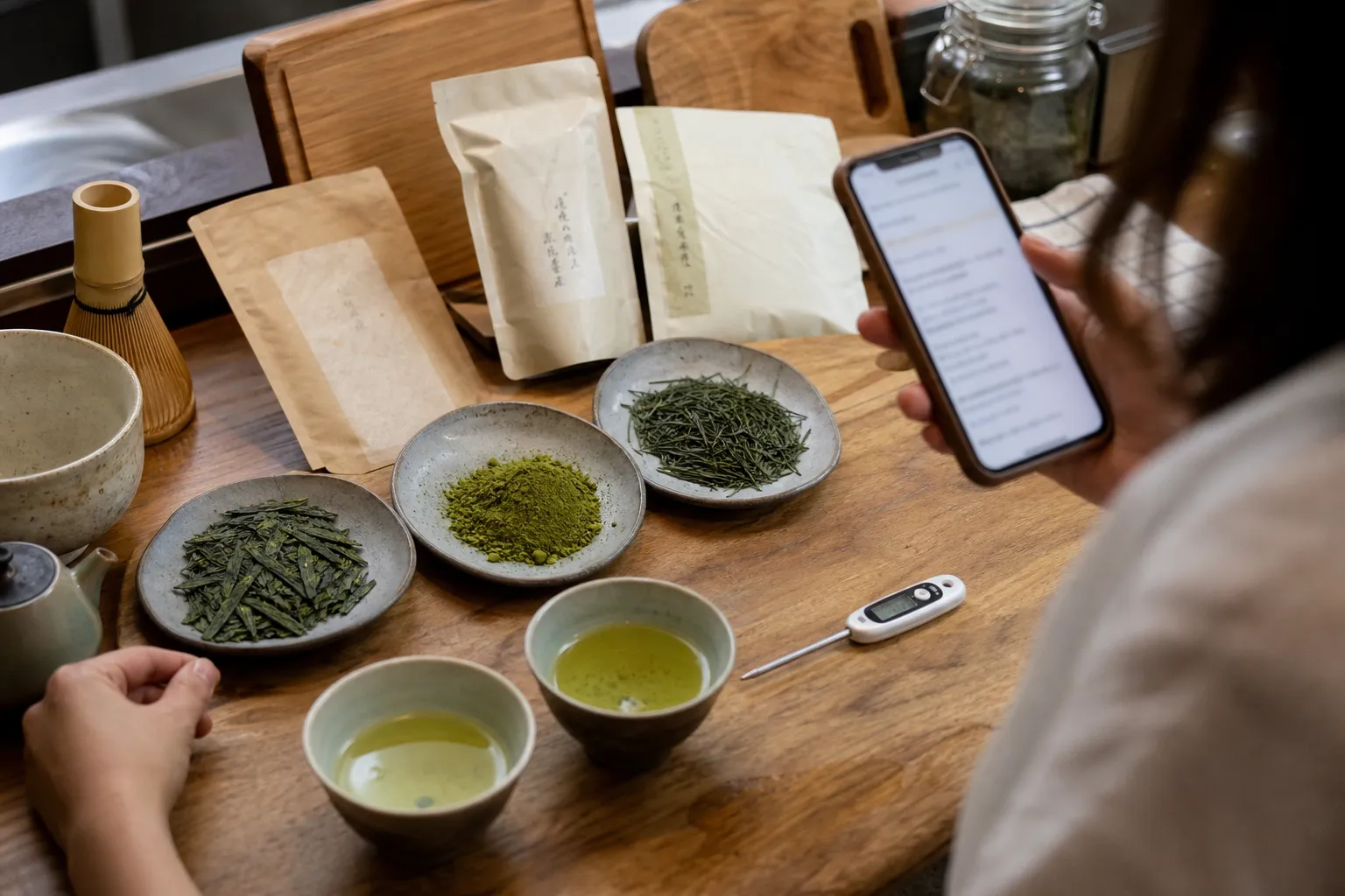 Green tea comparison setup with loose leaves, matcha, sencha, a thermometer, and tasting cups for brewing and buying decisions