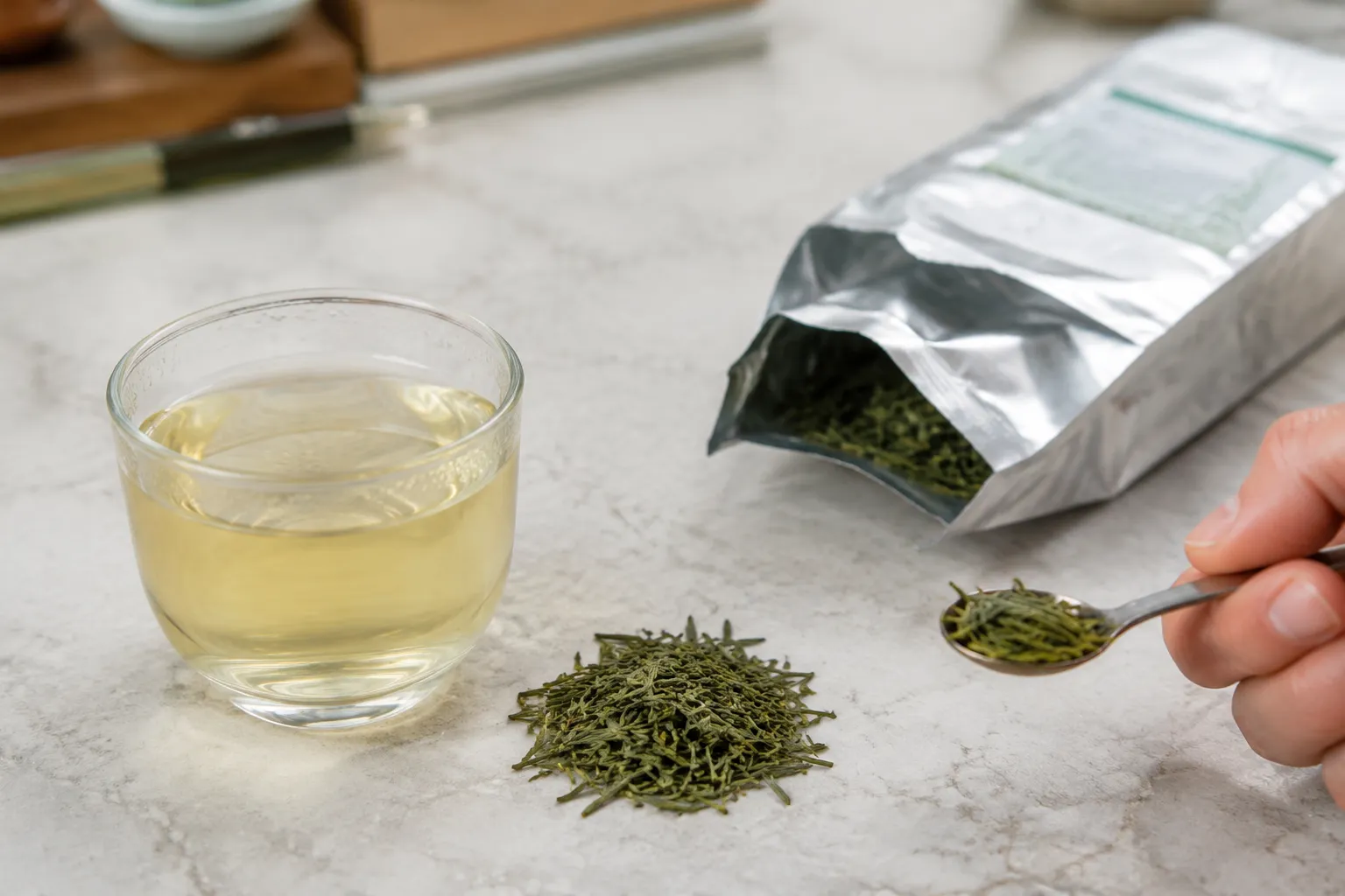 Small brewed green tea cup with dry leaf and an opened packet used for checking aroma and taste