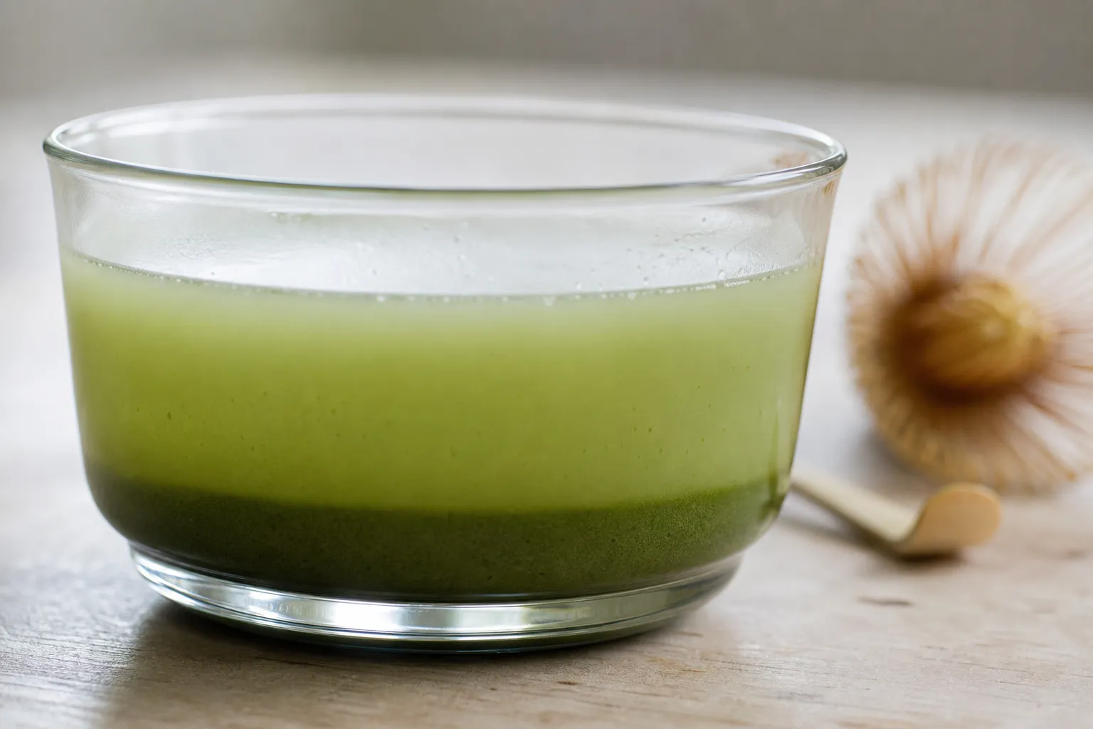 A matcha cup showing settled green powder at the bottom after not being mixed enough