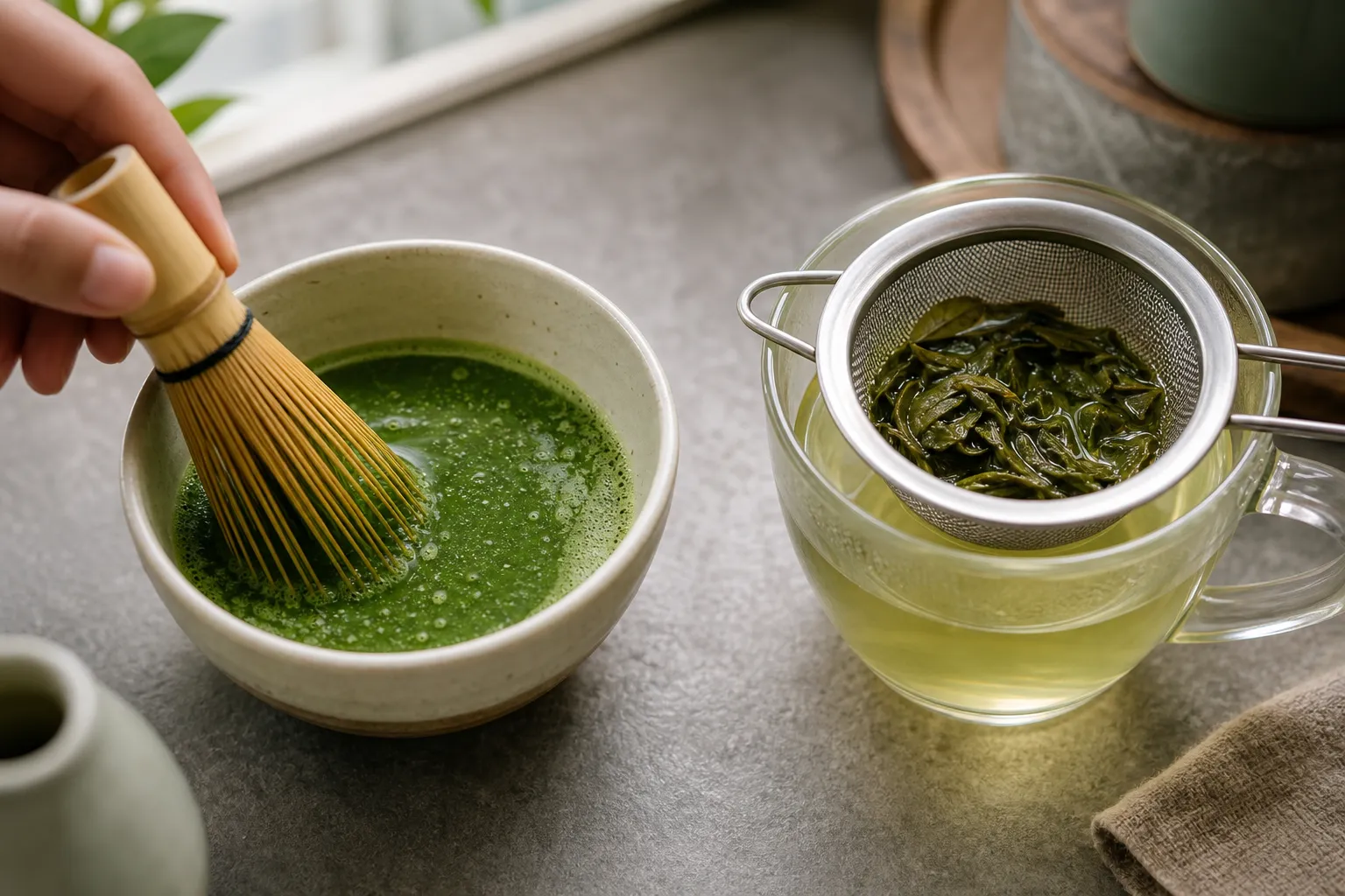 Matcha powder being mixed into water beside loose green tea leaves in an infuser