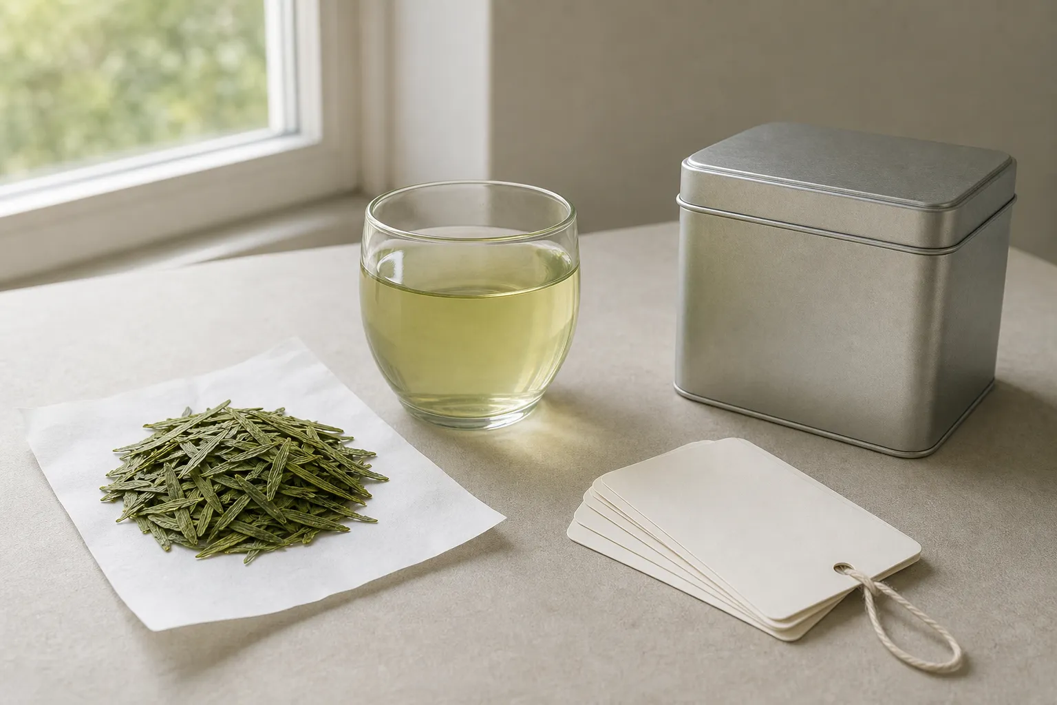 Longjing style flat leaves, a glass cup, and a small tea gift tin arranged as separate judgment cues