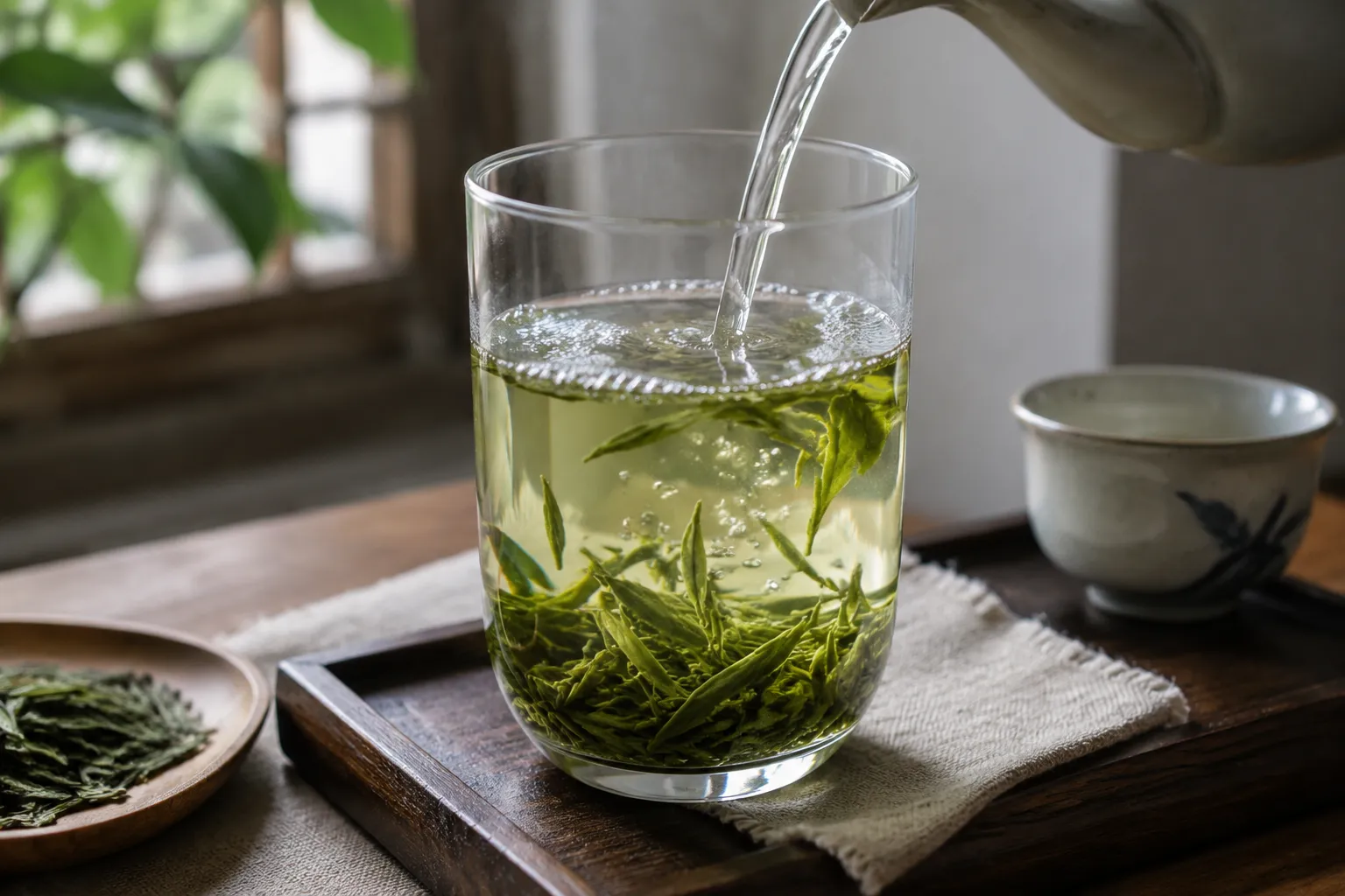 Chinese green tea leaves opening in a glass cup as the liquor turns pale yellow green