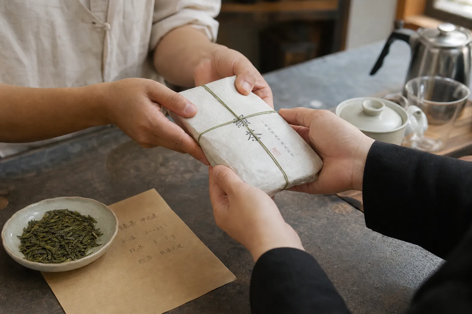 Hands presenting a tidy Chinese green tea gift with loose leaves and a simple brewing note nearby
