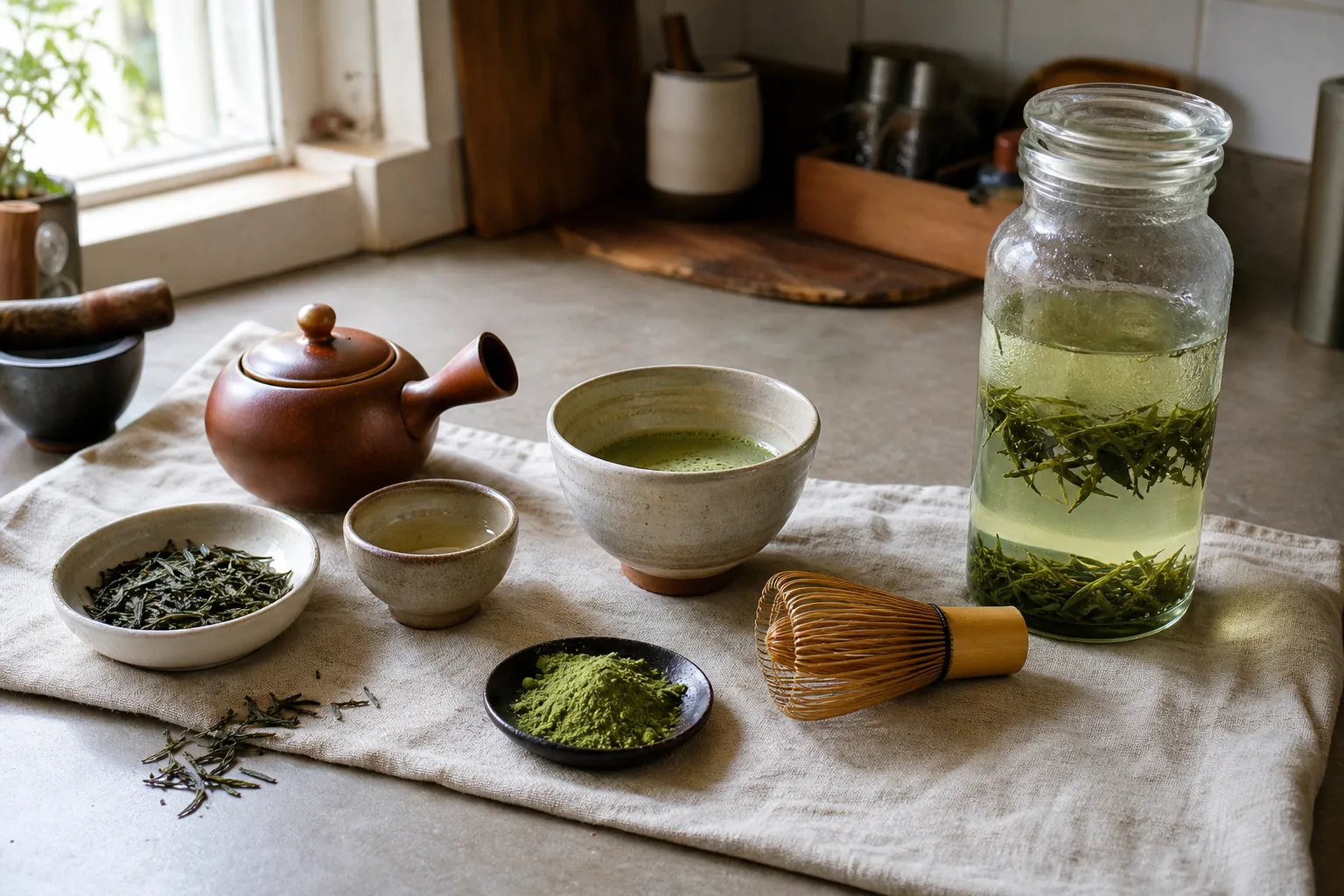 Loose green tea leaves, matcha tools, and a cold brew jar shown as different preparation routines