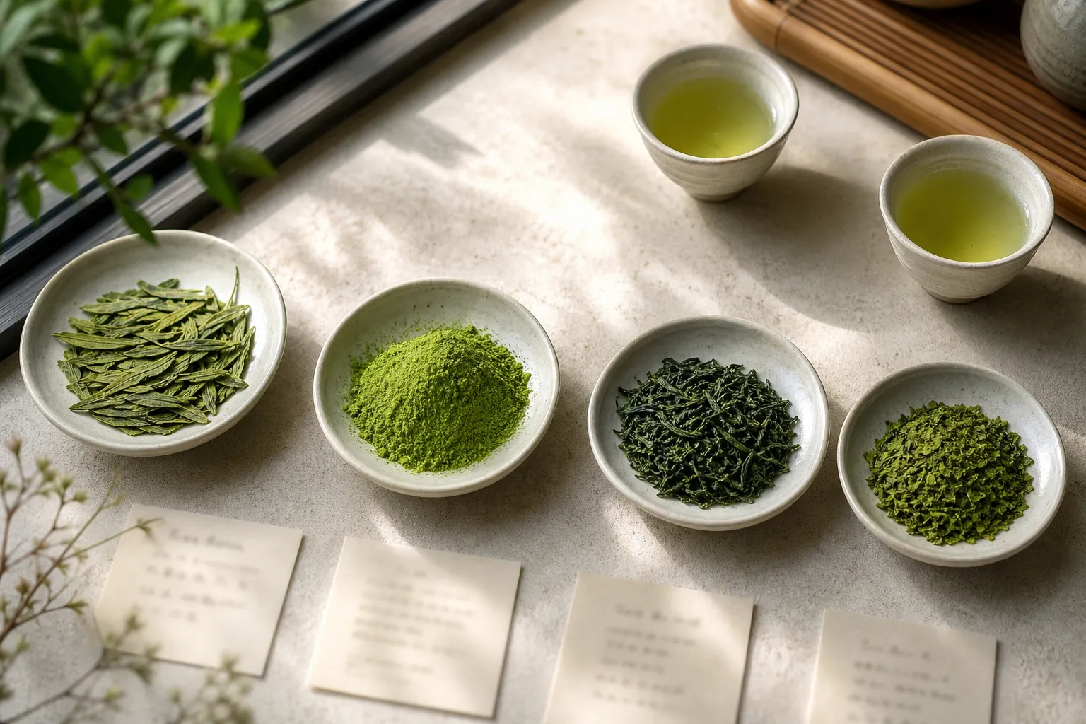 Several green tea forms arranged for comparison, including flat leaves, fine powder, curled leaves, and broken fragments