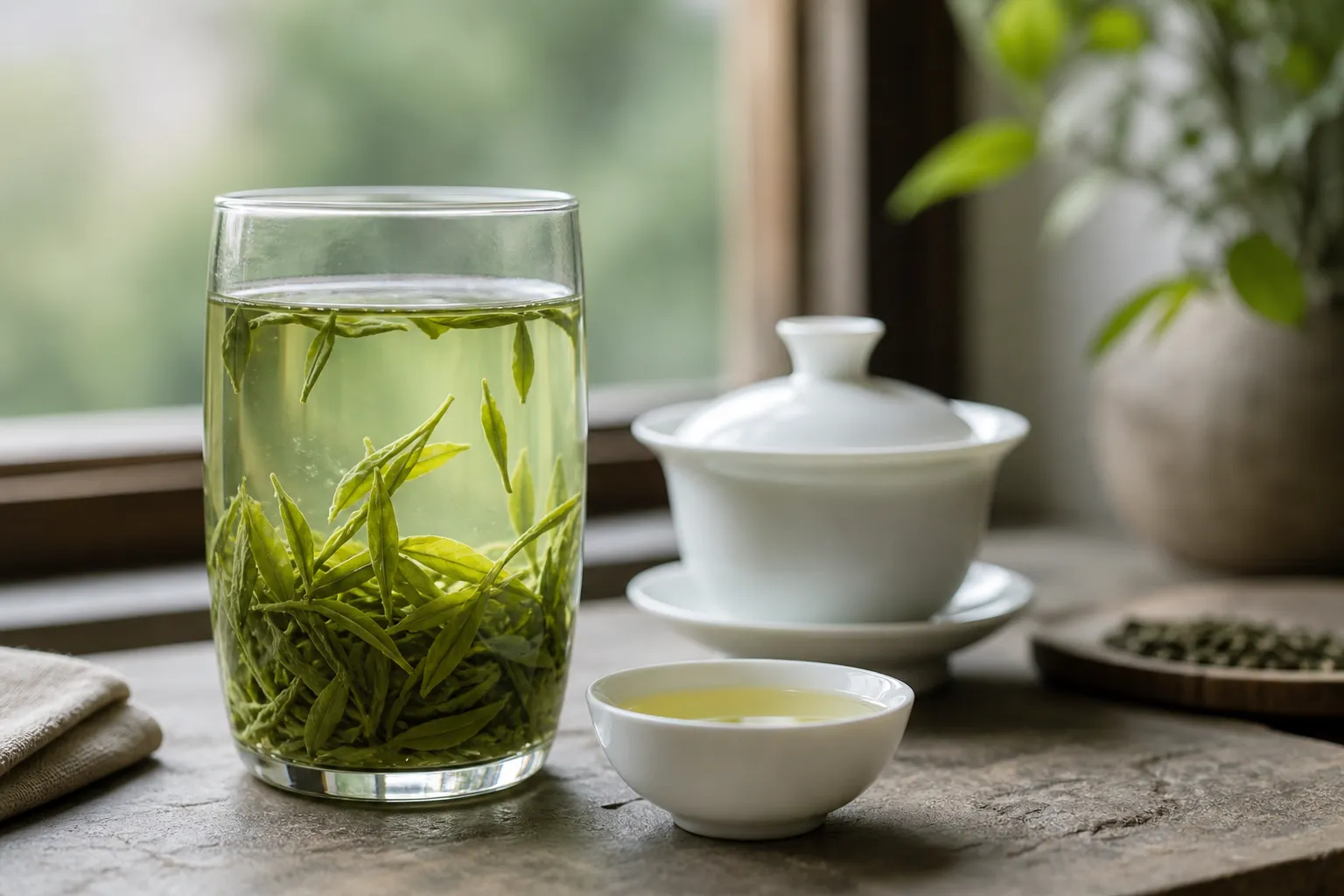 Flat green tea leaves steeping in a glass beside a gaiwan and a pale yellow-green cup