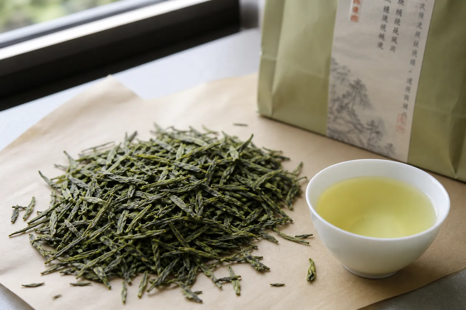 Loose Chinese green tea leaves beside an unreadable package label and a small brewed tasting cup