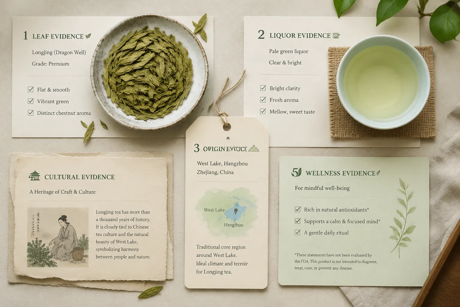 Dragon Well tea leaves, brewed cup, origin wording, cultural notes, and wellness language separated into distinct claim layers