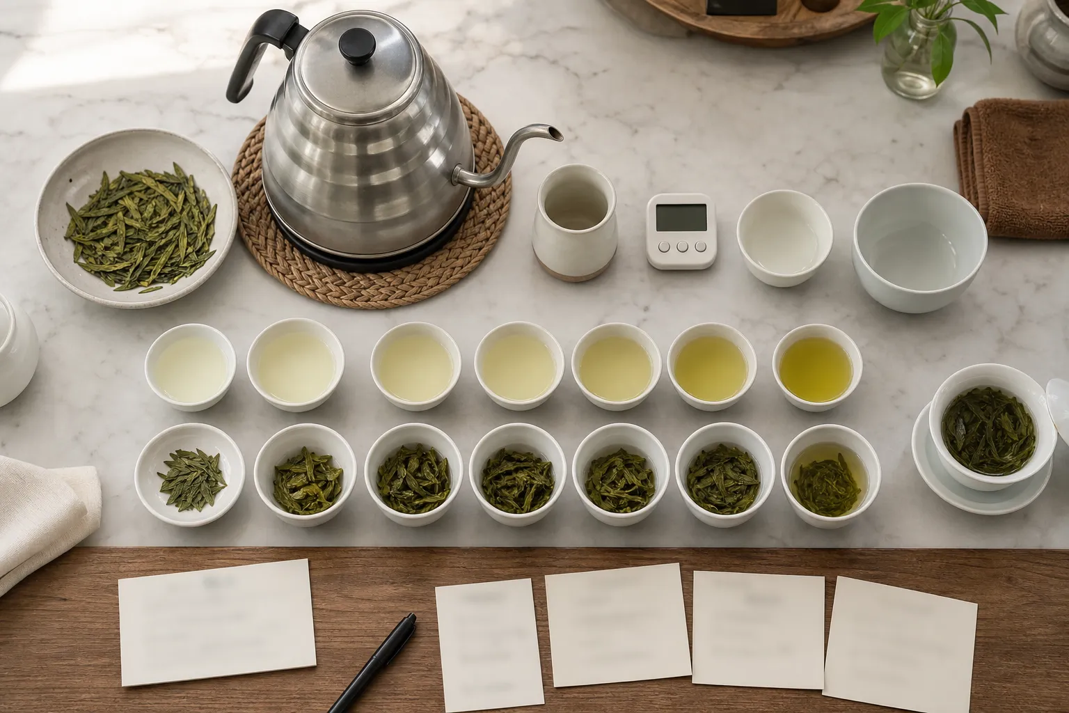Different Longjing brewing choices with leaf amount, water heat, steep time, and serving size changing the cup