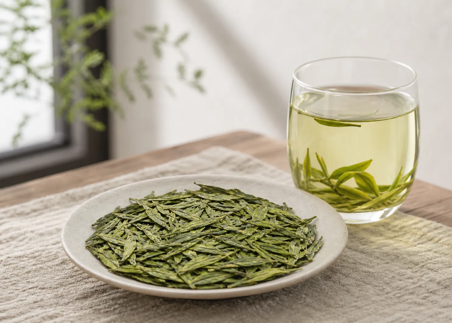 Flat Longjing tea leaves beside a pale brewed cup showing that Dragon Well is still caffeinated green tea