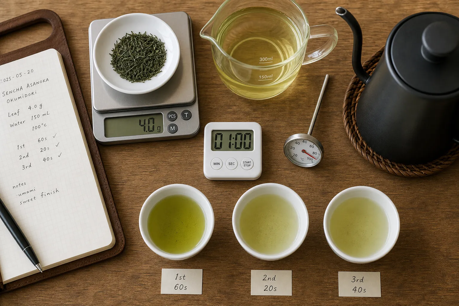 Loose green tea brewing notes with leaf amount water temperature steep time and several infusions