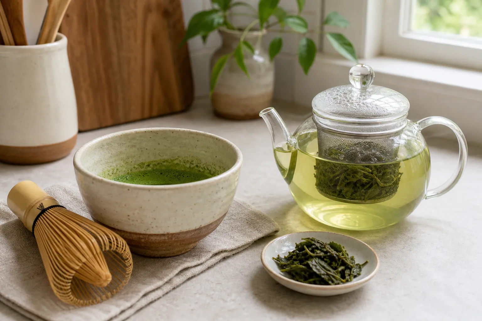 Matcha powder in a bowl beside steeped loose green tea leaves showing the powder versus infusion difference