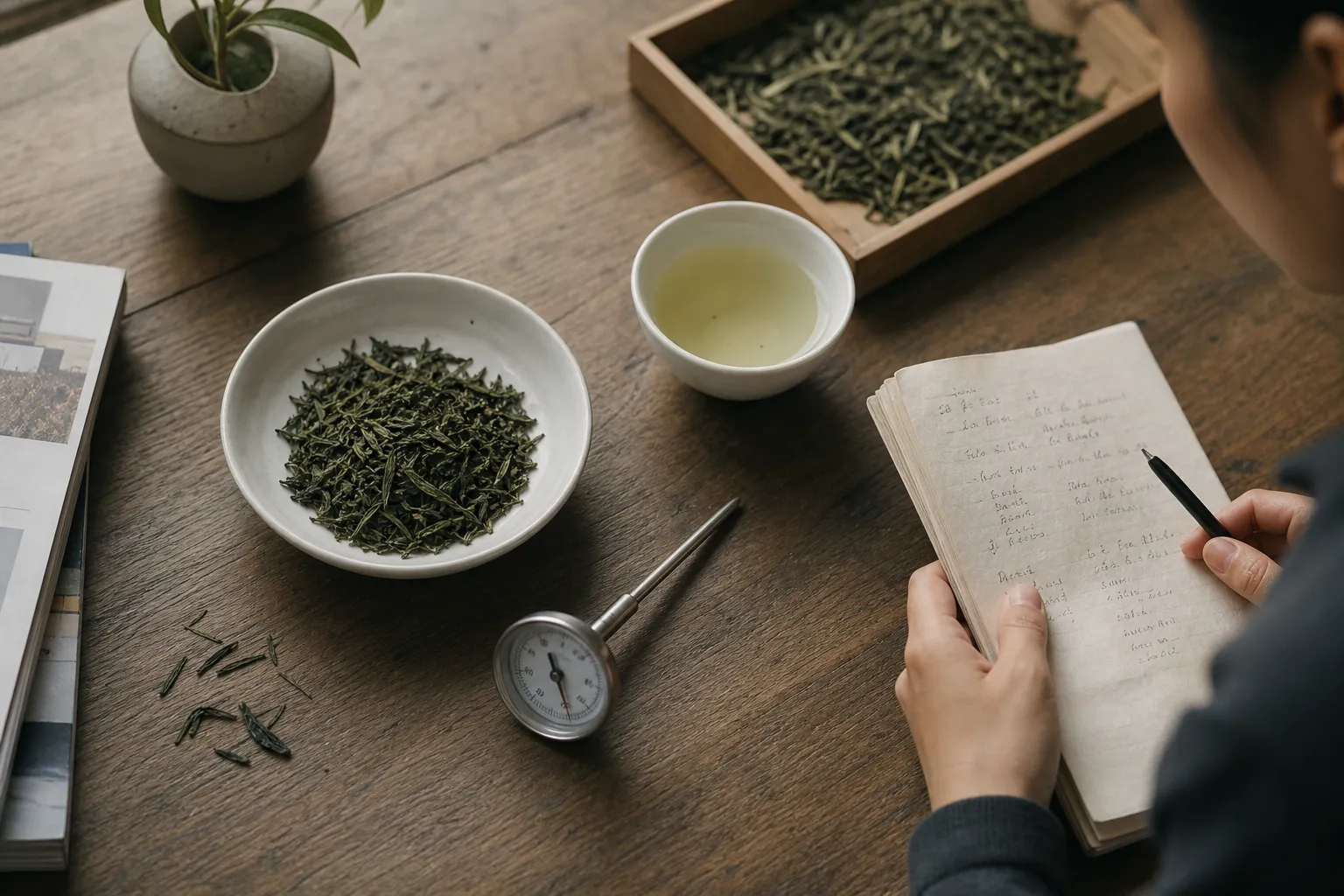 Green tea leaves being checked beside tasting notes and a brewed cup for editorial review