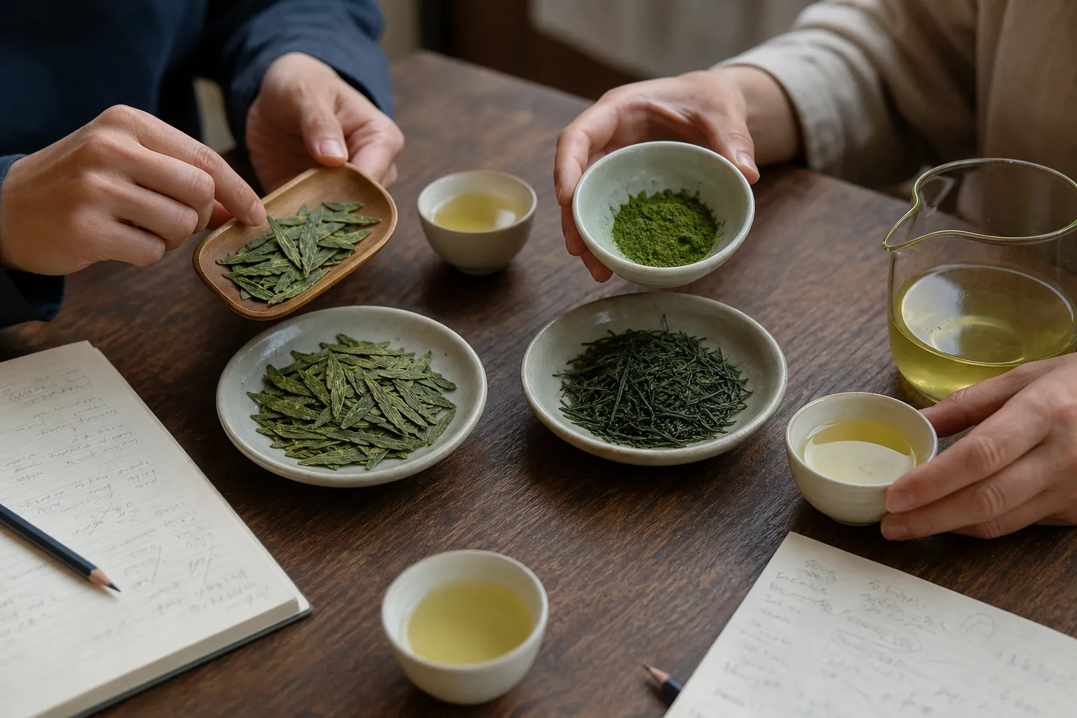 Hands comparing green tea leaves and brewed cups during an editorial review