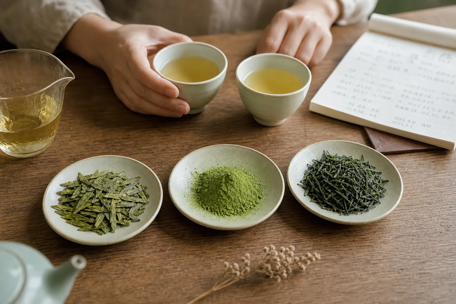 Loose green tea leaves, brewed cups, and tasting notes arranged for practical comparison
