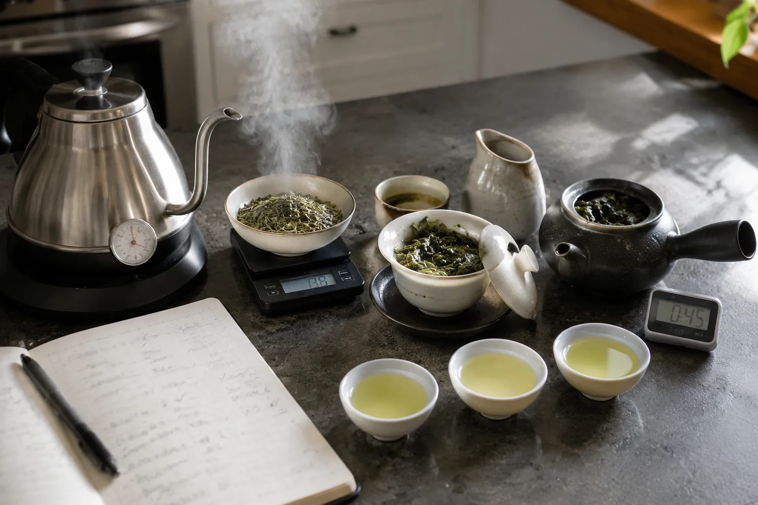 Green tea brewing variables shown through water, leaves, cup color, and teaware