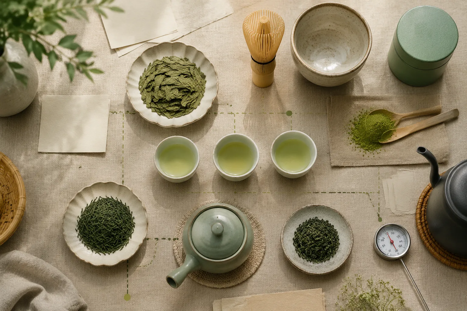 Green tea leaves, matcha, sencha, and brewing tools arranged as a practical culture map