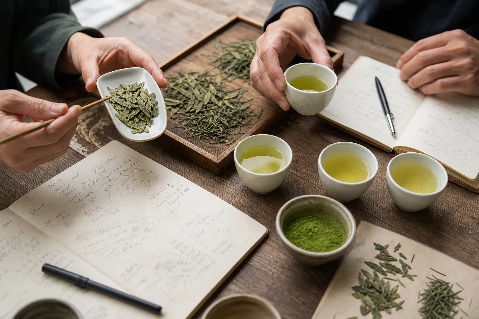 Hands comparing green tea leaf samples and brewing notes during an editorial review