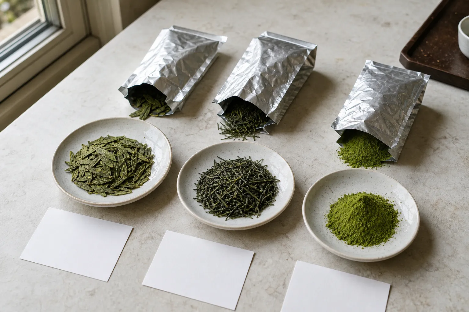 Different green tea leaf styles arranged for checking harvest and freshness cues