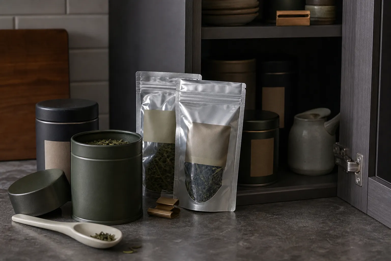 Green tea storage tins and sealed packets used to protect freshness after harvest