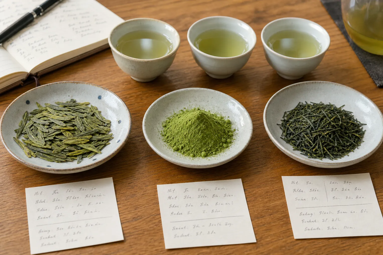 Small green tea tasting setup with Longjing leaves, matcha powder, sencha, cups, and quiet note cards used as topic cues