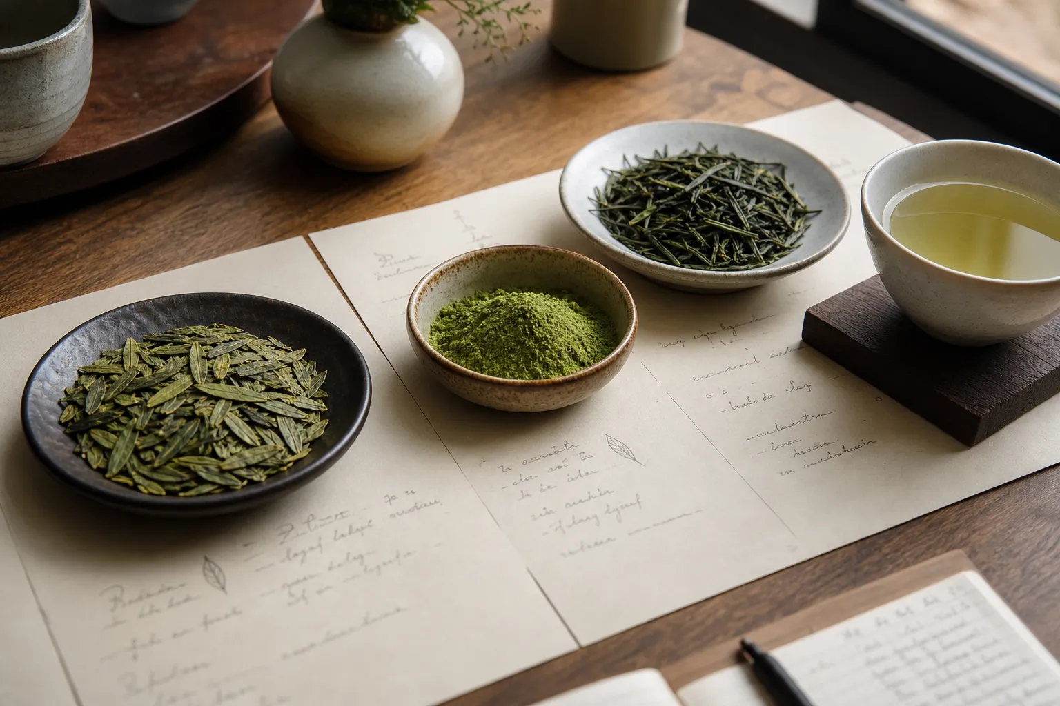 Loose green tea samples arranged beside a brewed cup for comparing leaf form, color, and preparation choices
