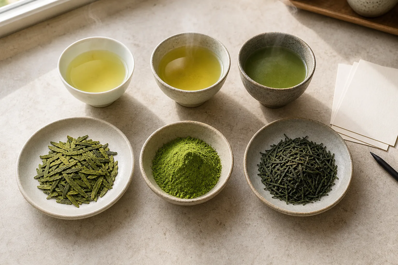 Green tea leaves, matcha powder, and brewed cups arranged to compare form, color, and texture