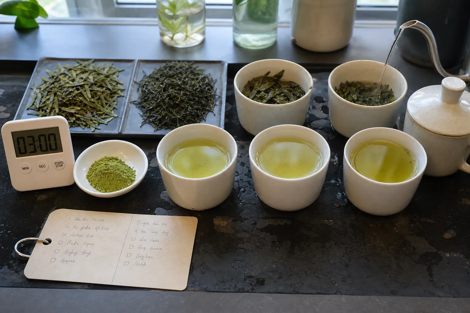 Side-by-side green tea tasting setup with dry leaves, brewed liquor, and a simple note card