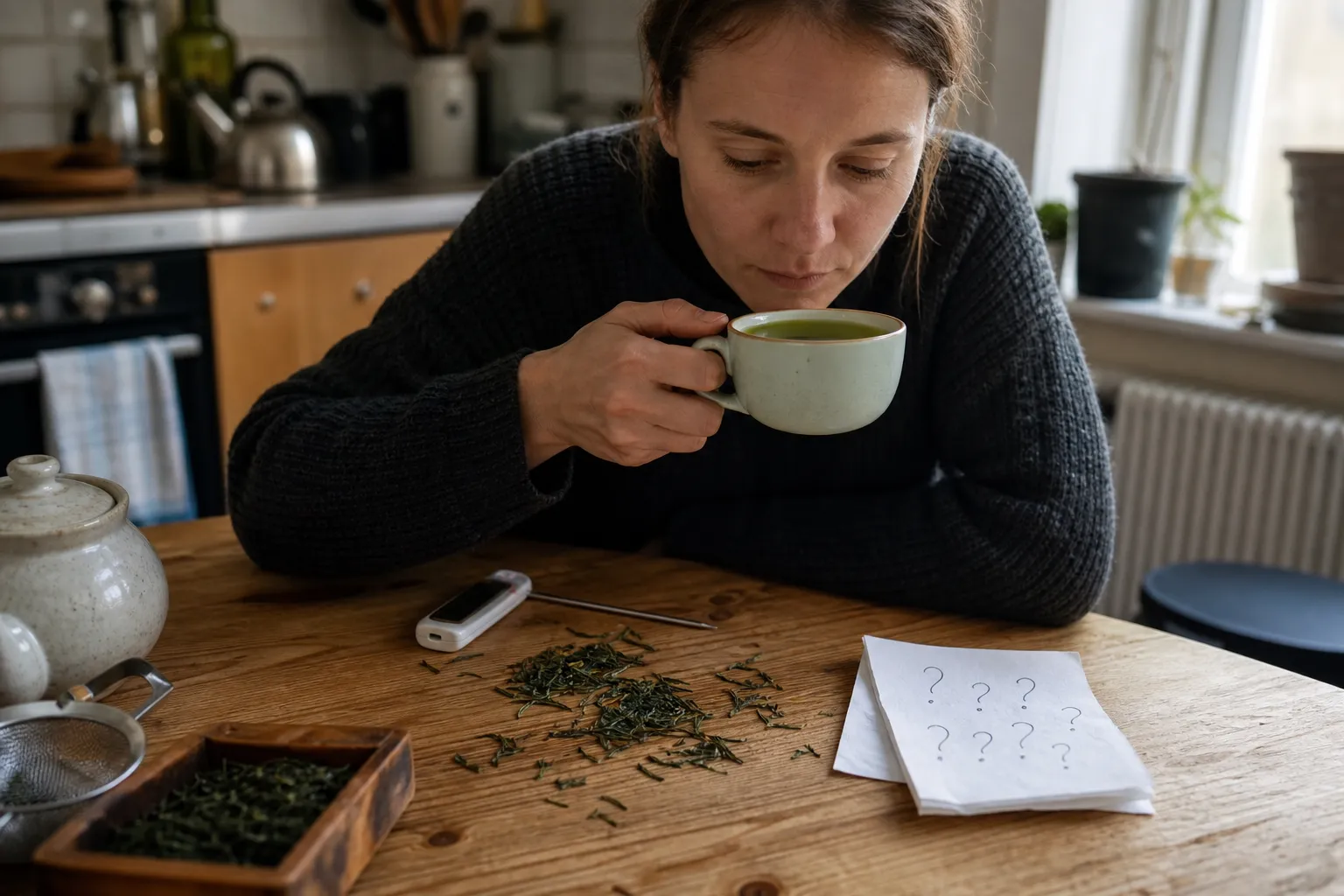 Green tea cup with leaves, thermometer, and blurred notes showing wellness questions kept in context