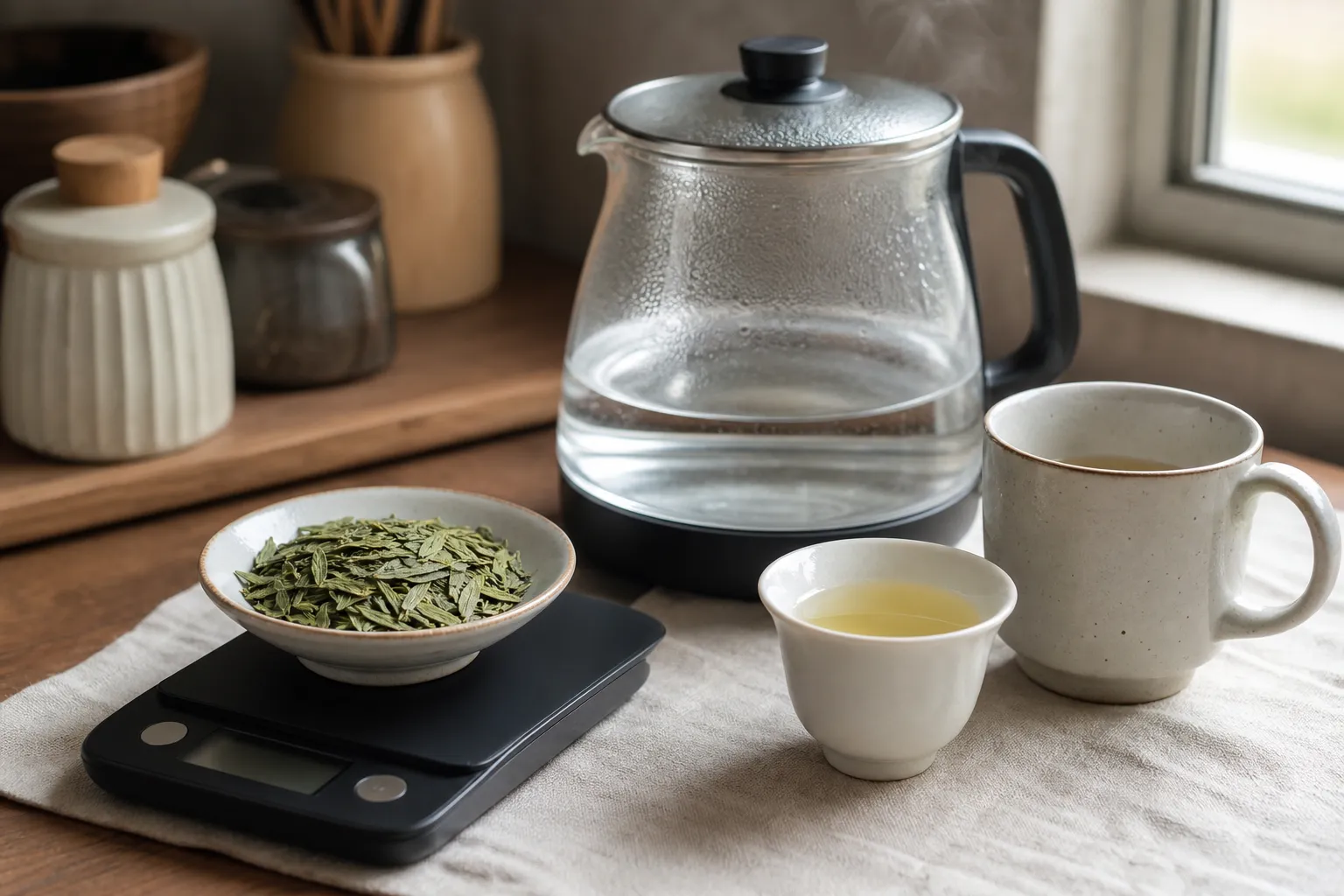 Measured Longjing leaves beside small and medium cups for choosing a starting amount