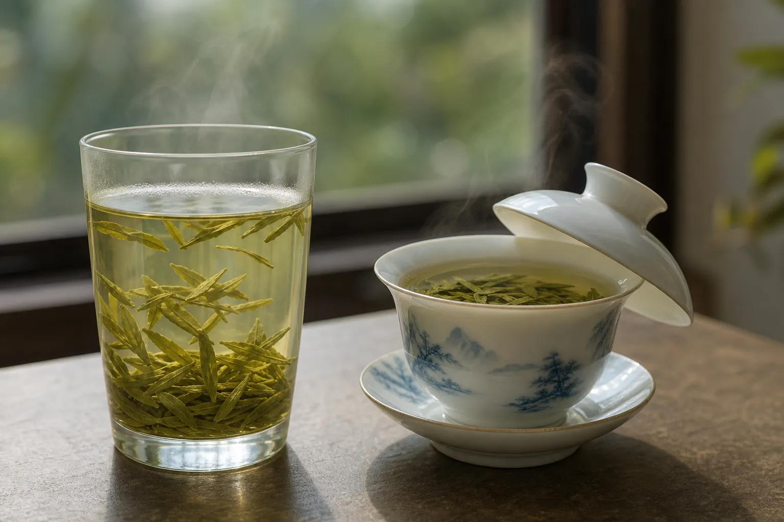 Longjing leaves steeping in an open glass and a small covered vessel to compare leaf contact