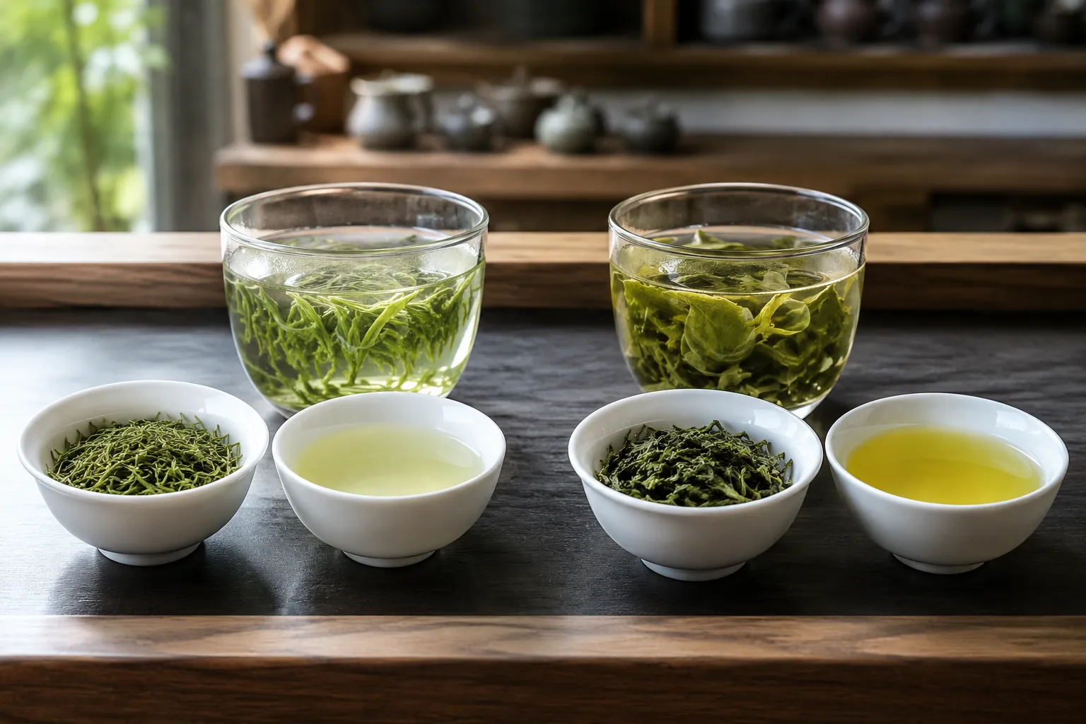 Side-by-side green tea cups and leaves showing a lighter first flush profile beside a fuller later harvest profile