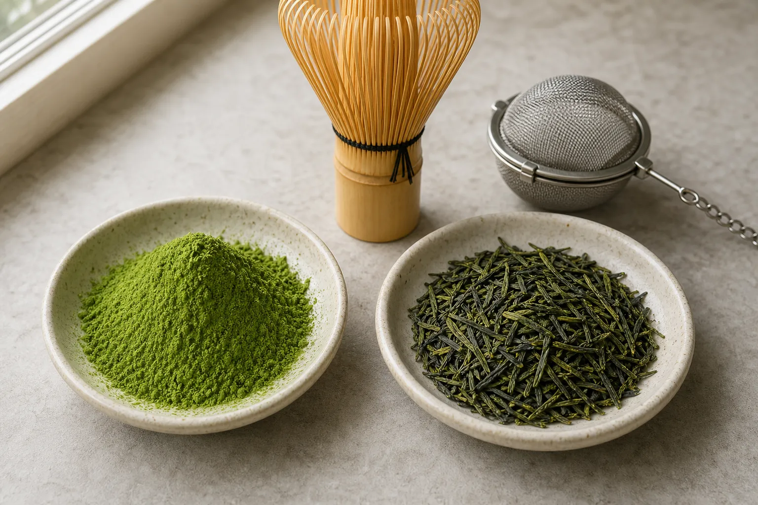 Matcha powder beside loose green tea leaves before preparation