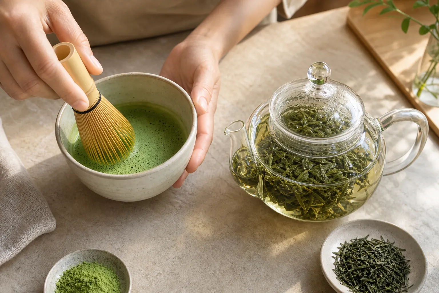 Matcha being whisked while loose green tea leaves steep separately