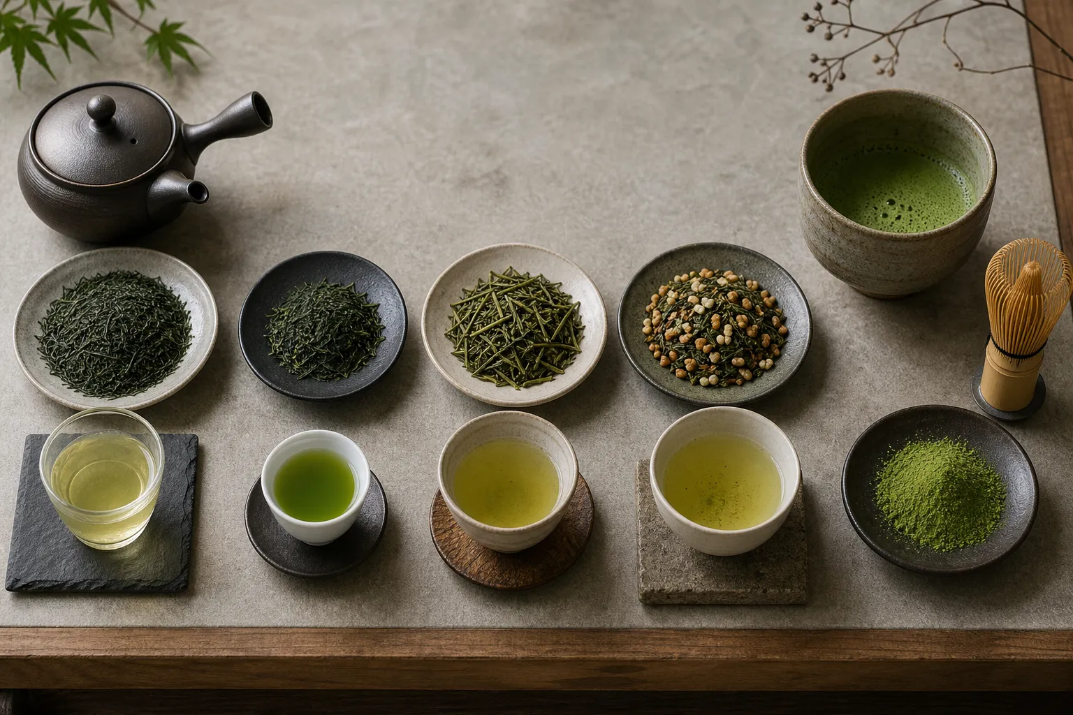 Japanese green tea comparison with sencha, gyokuro, kukicha, genmaicha, and matcha prepared in separate vessels
