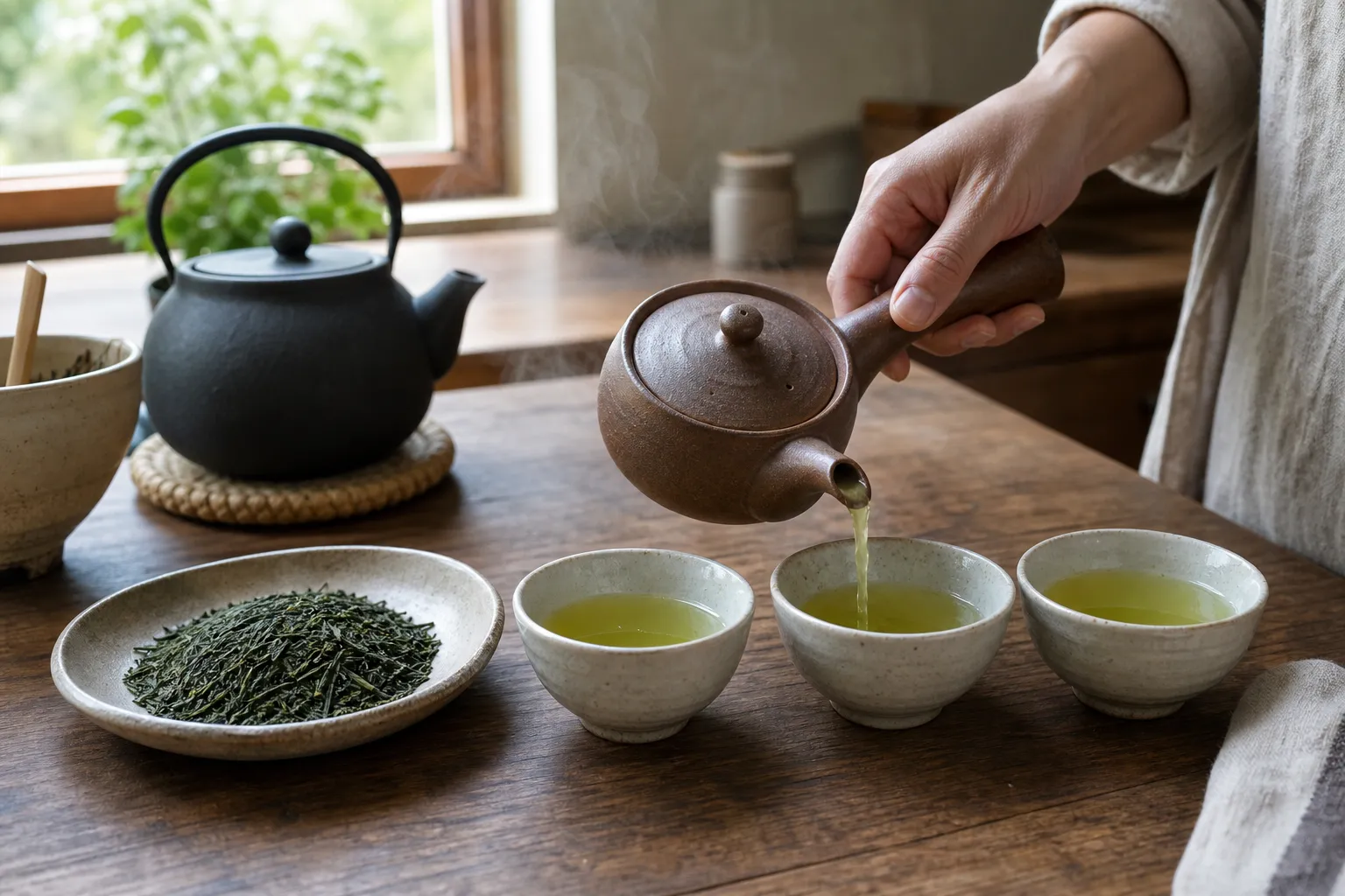 Sencha leaves, a kyusu, and small cups prepared for everyday Japanese green tea tasting