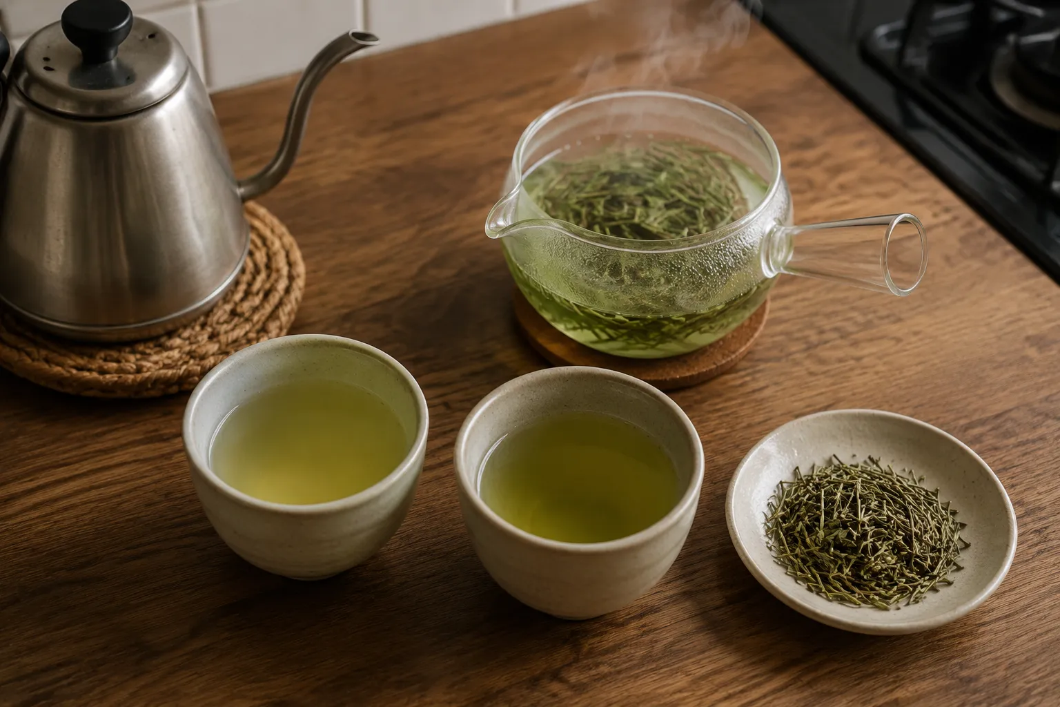 Kukicha brewing beside a kettle and small cup to compare mildness, body, and bitterness