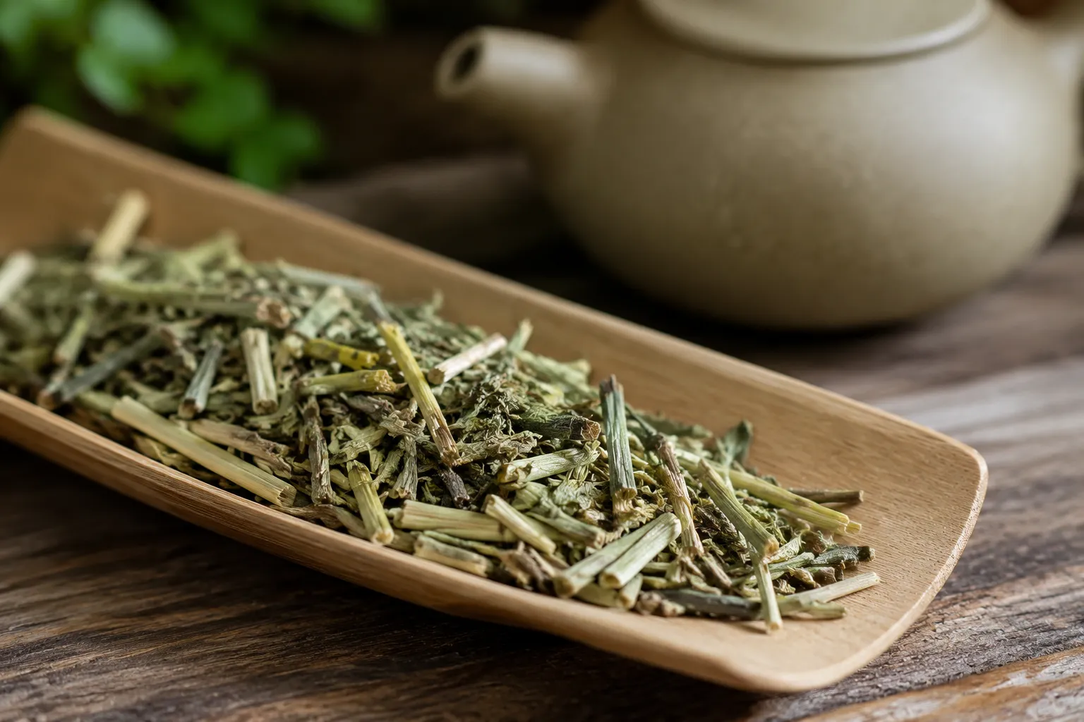 Pale kukicha stems, veins, twig-like pieces, and leaf fragments ready for brewing