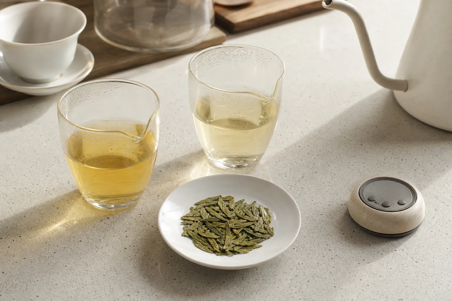 Longjing tea brewing check showing pale liquor, leaf amount, and a small vessel used to adjust bitterness