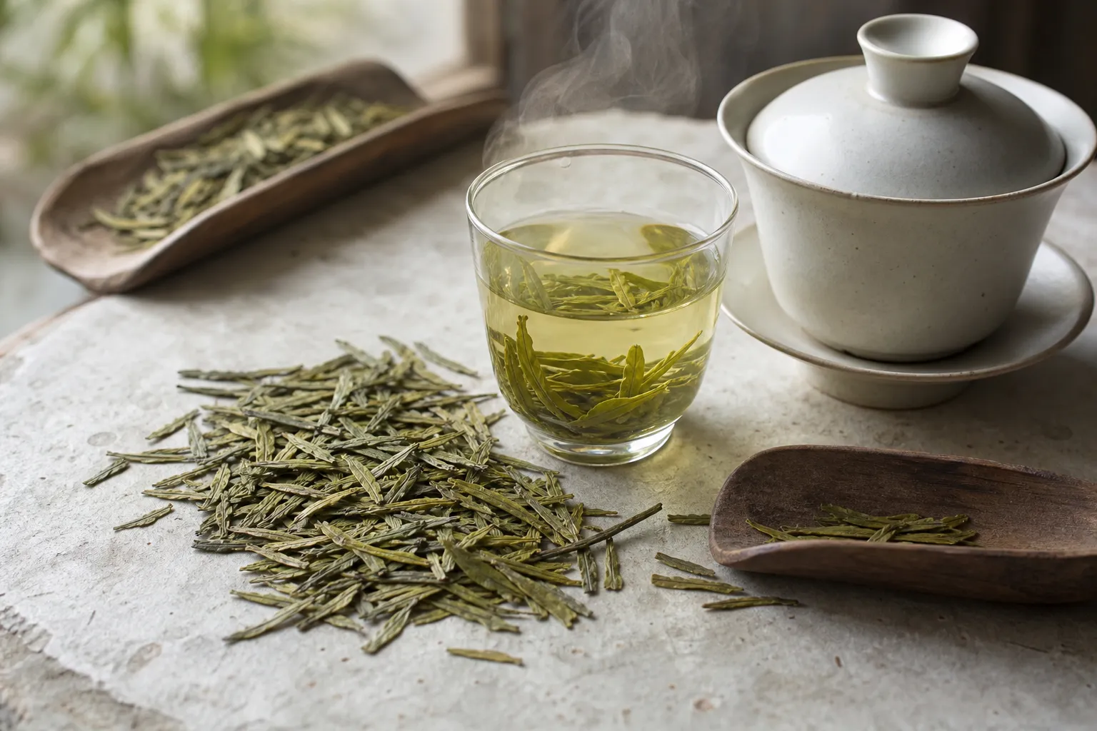 Flat Longjing tea leaves beside a pale green-yellow brewed cup for judging leaf shape, aroma, and color