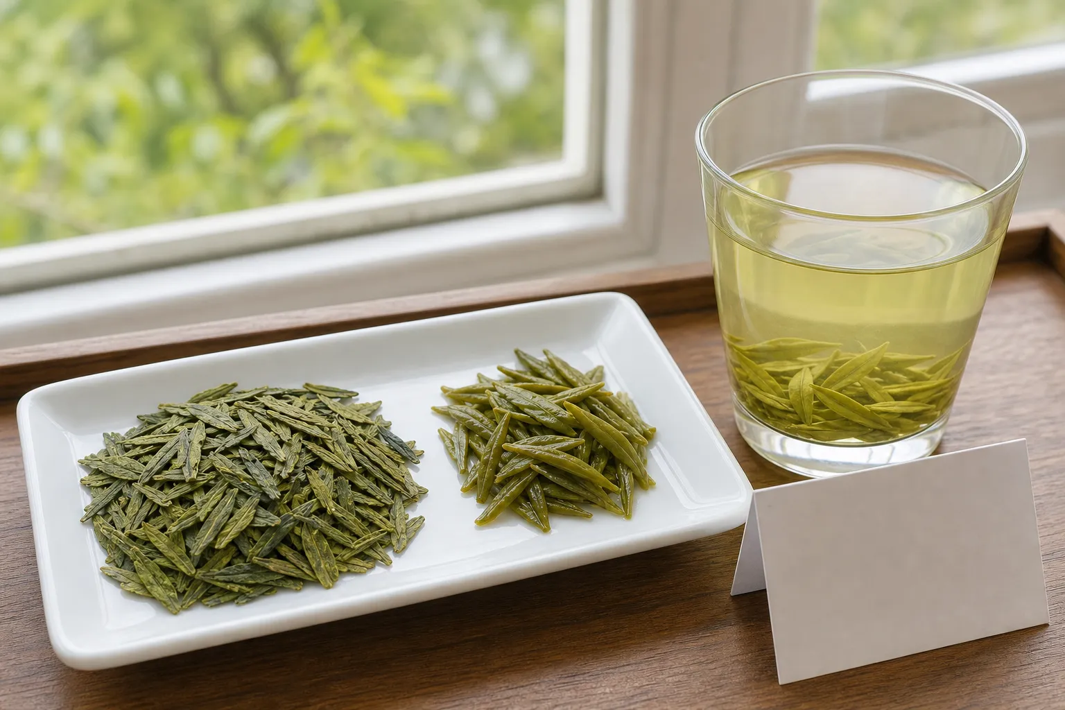 Flat Longjing leaves beside a clear pale green cup for judging leaf shape, liquor color, and tradition claims