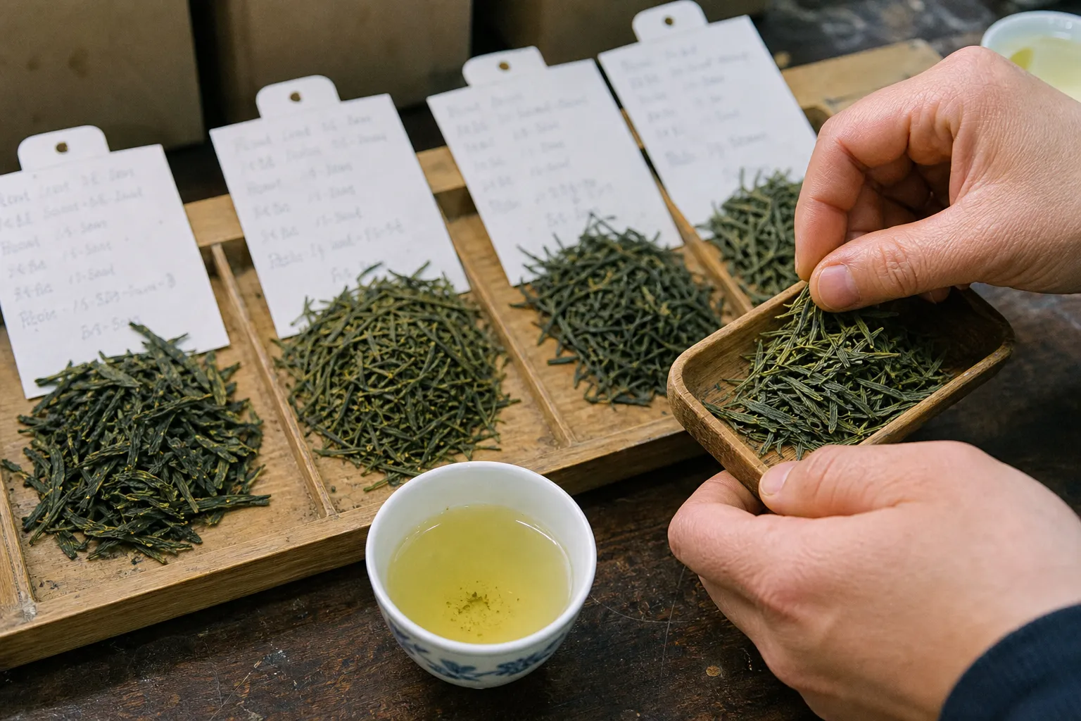 Loose green tea samples compared for leaf shape, color, and freshness cues before buying