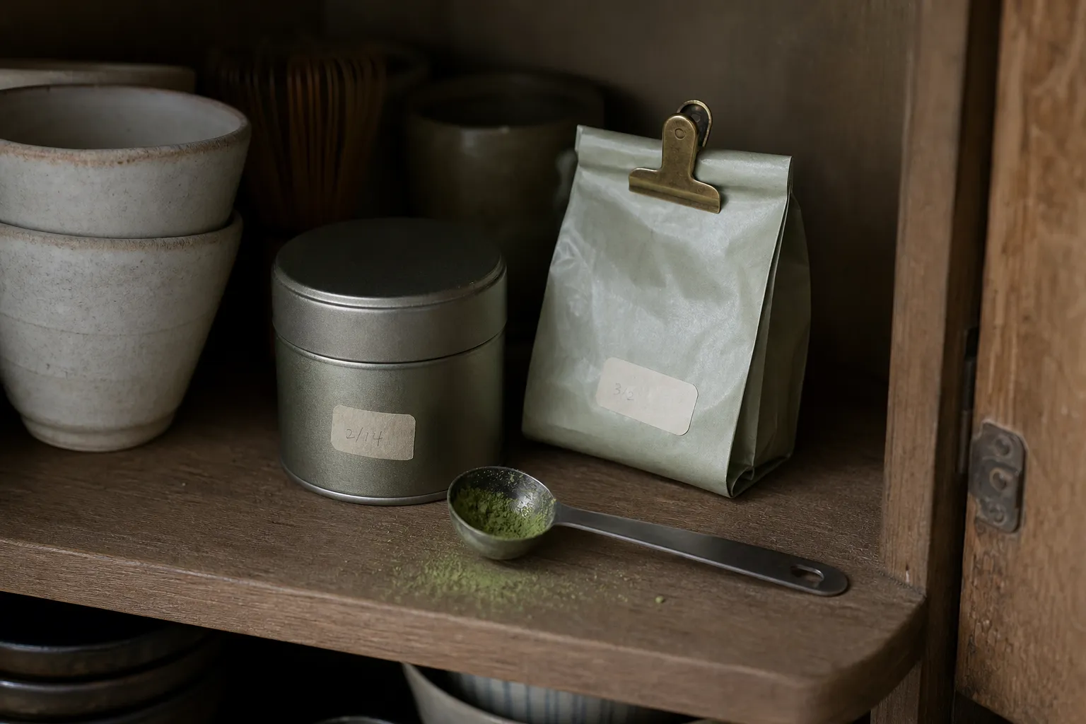 Small matcha tin and loose-leaf green tea pouch stored away from heat, light, and moisture