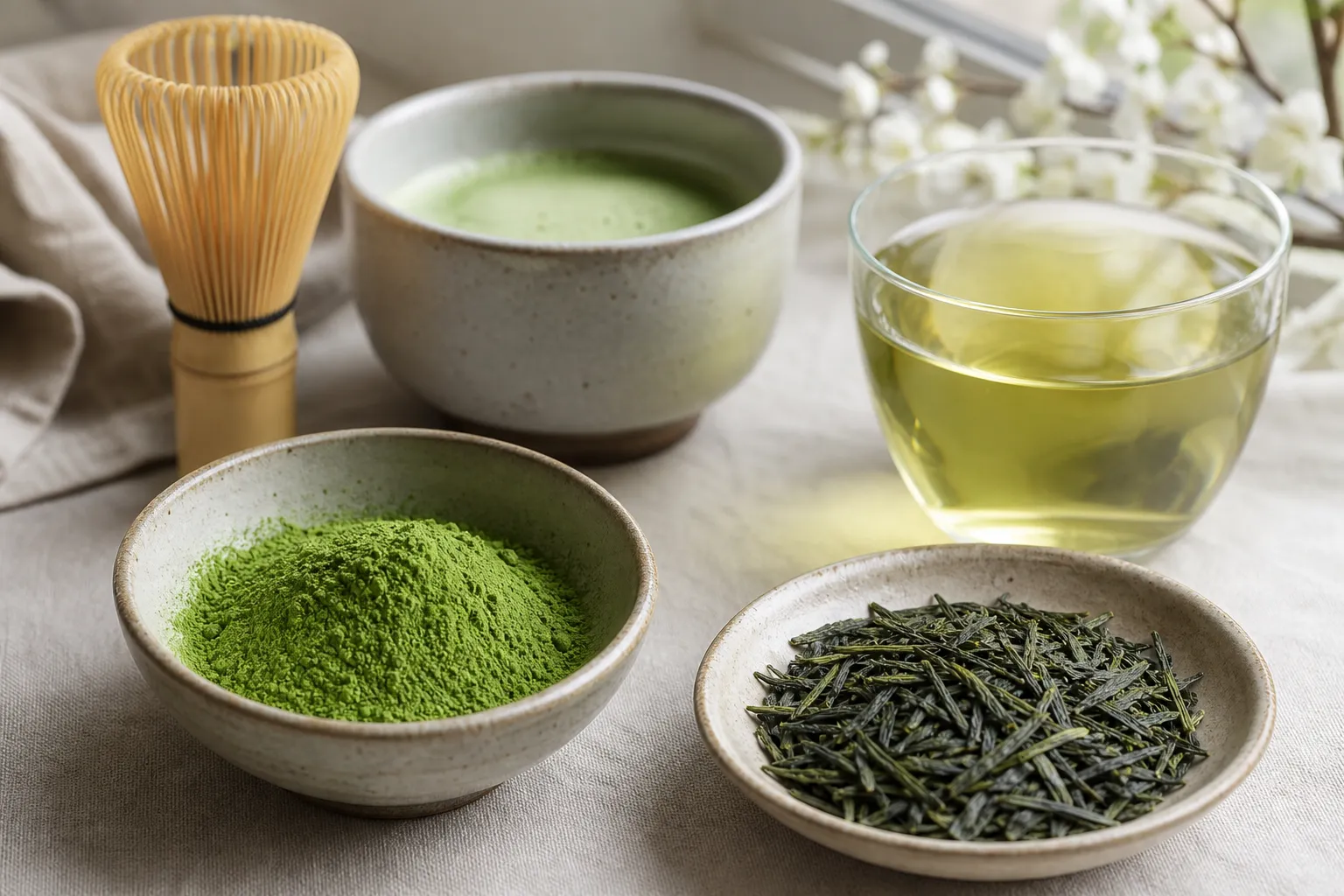 Matcha powder beside whole green tea leaves showing the powder-or-leaf difference