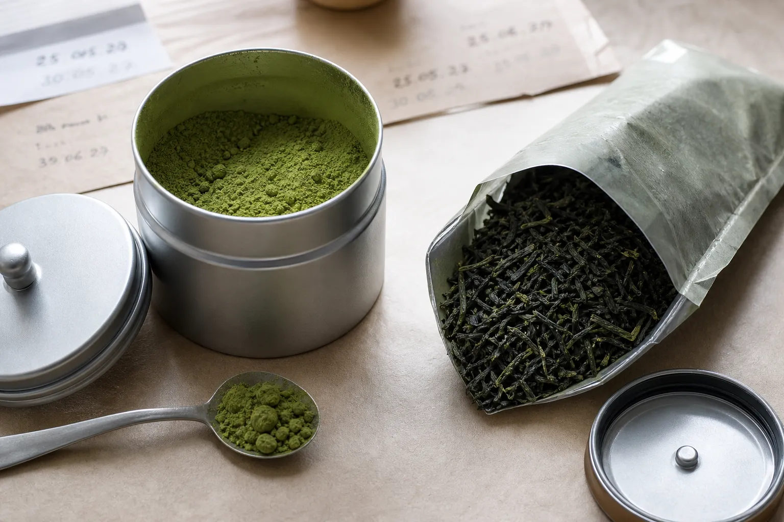 Opened matcha tin and loose green tea leaves showing freshness and storage cues