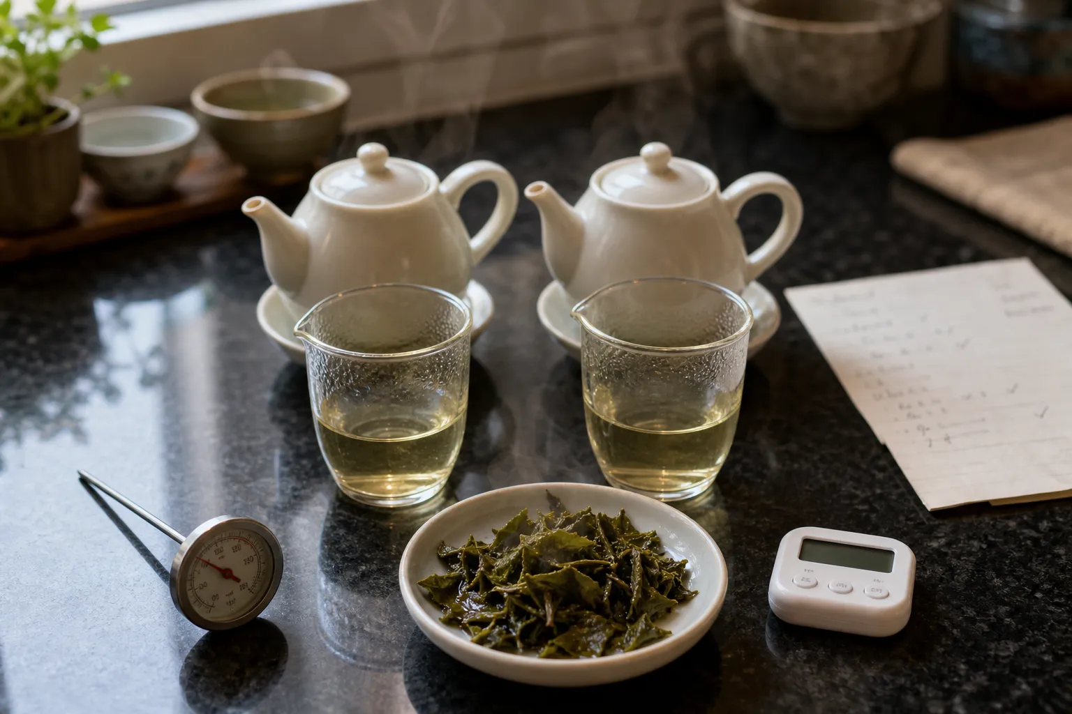 Two green tea brewing setups comparing moderate water, short steep time, and wet leaf aroma checks
