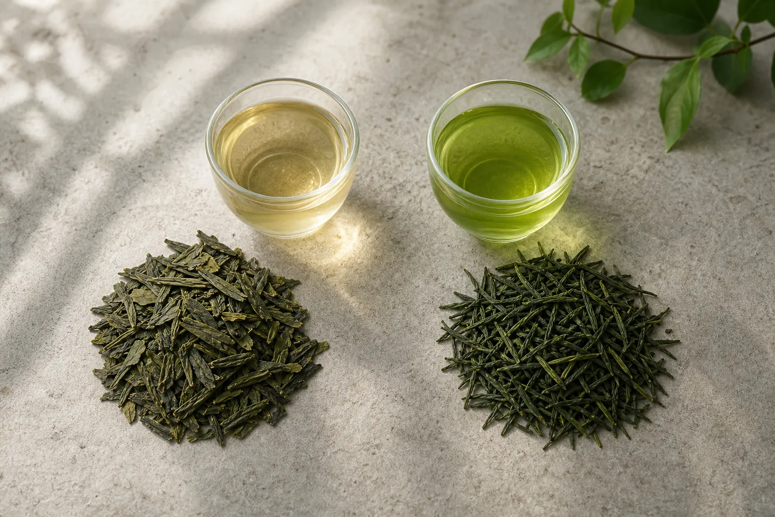 Side-by-side green tea leaves and brewed cups showing pan-fired warmth beside steamed green color